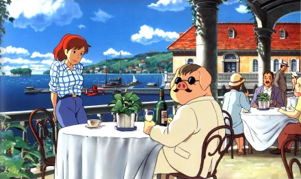 HD PC desktop wallpaper featuring anime characters from Porco Rosso seated at a café terrace with a scenic coastal background.