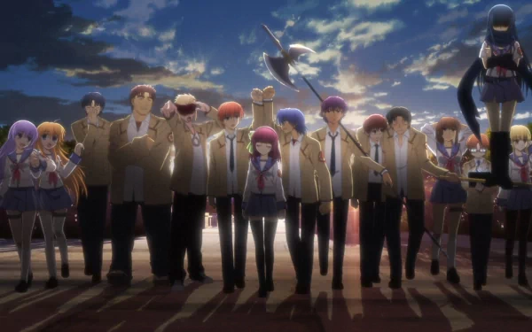 A vibrant HD wallpaper featuring characters from the anime Angel Beats! standing together against a dramatic sunset, showcasing their unique personalities and bond.