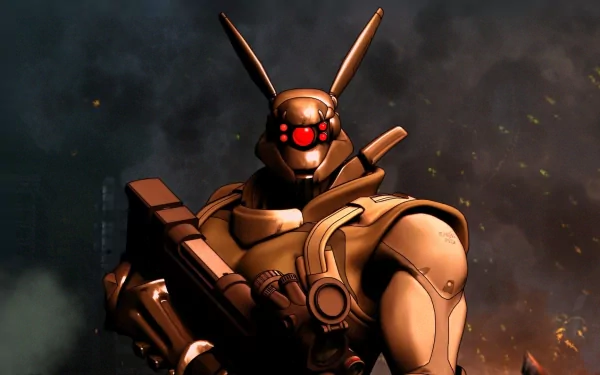 Anime-style robotic soldier from Appleseed with glowing red eyes, holding a weapon, set against a dark, smoky background in this HD PC desktop wallpaper.