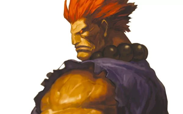 HD PC desktop wallpaper featuring a powerful Street Fighter character with fiery red hair and clenched fists, showcasing classic video game art style.