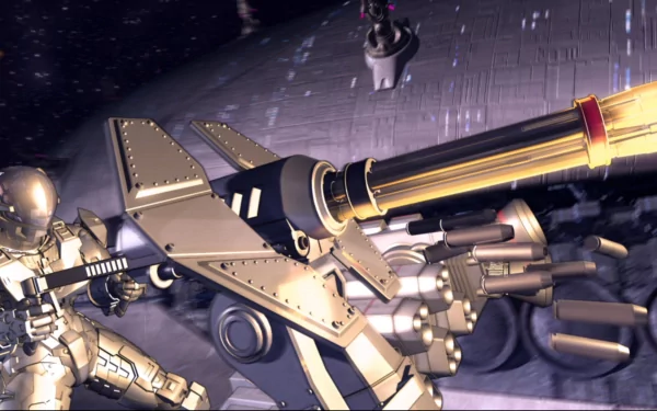 HD PC desktop wallpaper featuring a dynamic scene from the Anime Appleseed, showcasing futuristic armored characters and advanced weaponry in a high-tech setting.