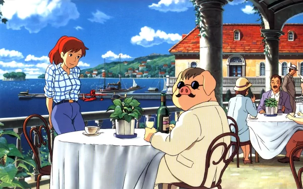 HD PC desktop wallpaper featuring anime characters from Porco Rosso seated at a café terrace with a scenic coastal background.