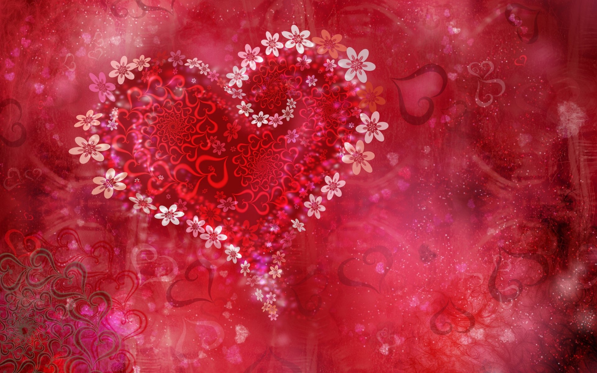 A vibrant artistic wallpaper featuring a heart adorned with flowers, set against a rich red background, beautifully embodies the theme of love.