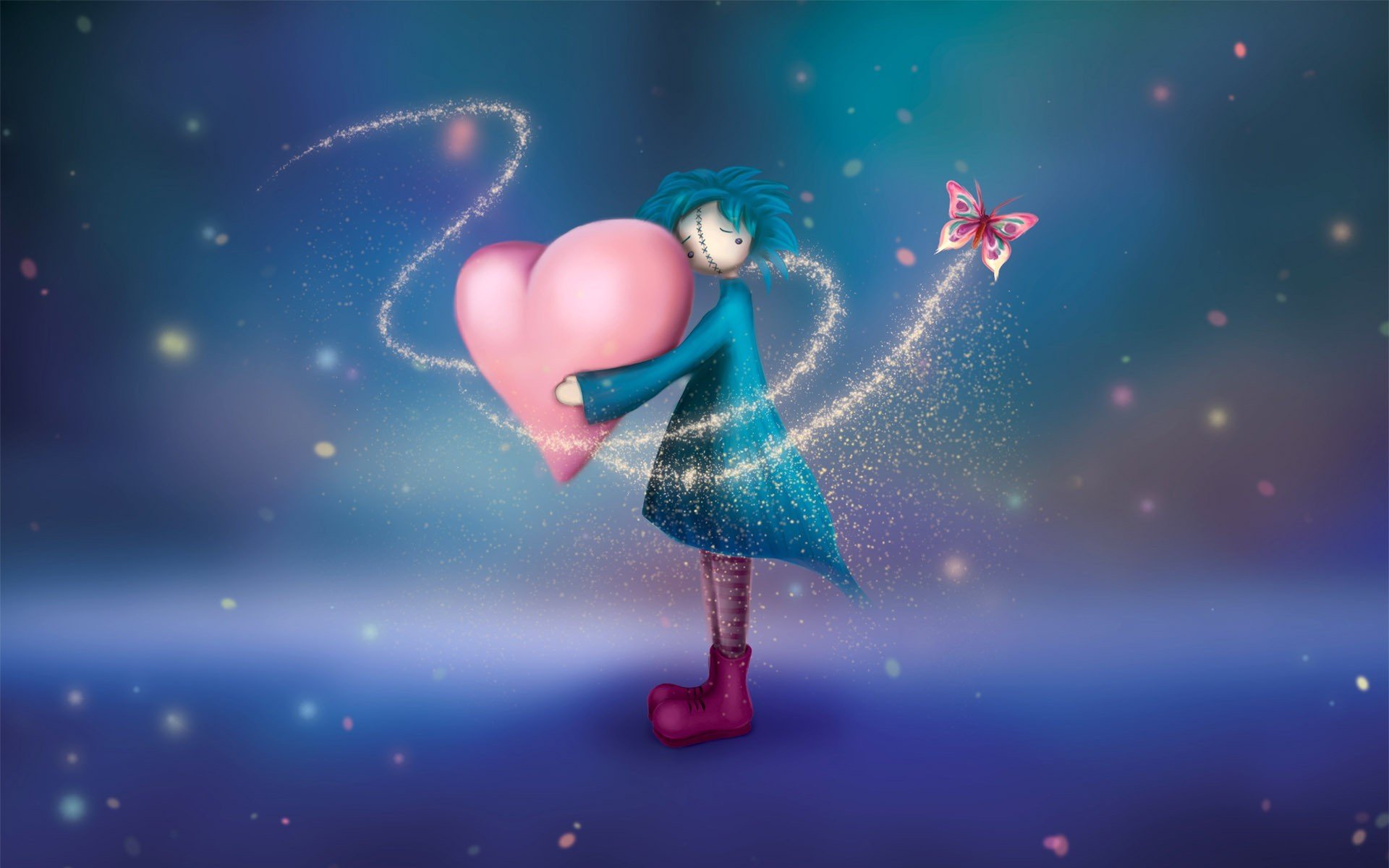 An artistic HD wallpaper featuring a whimsical figure holding a large pink heart, surrounded by shimmering sparkles and a delicate butterfly, capturing the essence of love.