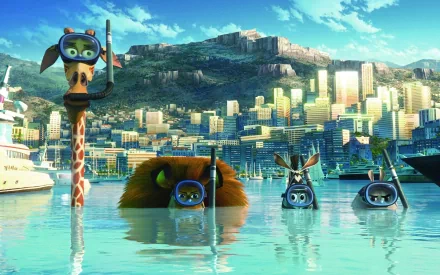 HD PC desktop wallpaper featuring characters from the movie Madagascar 3: Europe's Most Wanted snorkeling in clear waters with a vibrant cityscape in the background.