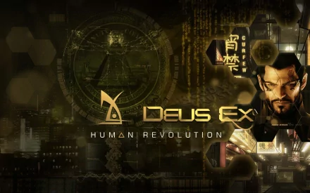 A high-definition desktop wallpaper featuring graphics from the video game Deus Ex: Human Revolution, showcasing its distinctive art and design elements.