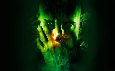 HD PC desktop wallpaper and background: eerie green-glowing smoky face with hand over mouth and Tiberium energy aura — Command & Conquer 3: Tiberium Wars video game.