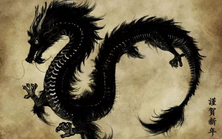 HD wallpaper depicting a dark, intricate fantasy dragon with detailed scales and sharp claws. The background has an ancient, parchment-like texture with Asian script on the side.