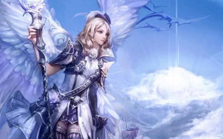 HD PC desktop wallpaper/background: AION video game angelic female warrior in ornate armor holding a staff, large white wings against a luminous cloudy sky