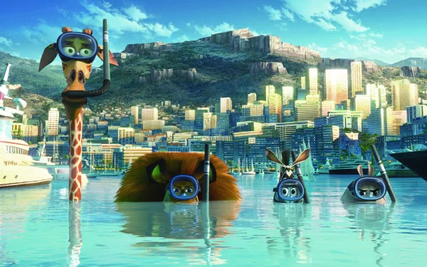 HD PC desktop wallpaper featuring characters from the movie Madagascar 3: Europe's Most Wanted snorkeling in clear waters with a vibrant cityscape in the background.