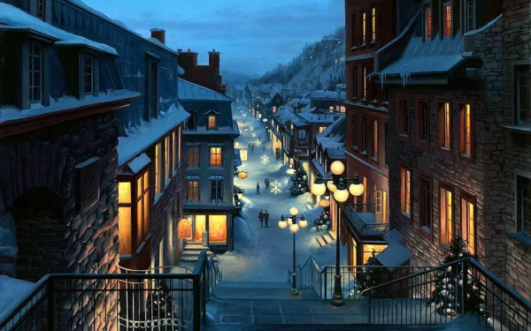 A picturesque city street illuminated by soft lights, blanketed in snow, creating a serene winter atmosphere. This artistic HD wallpaper captures a cozy urban evening scene.