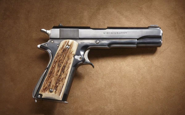 A high-definition image of a Colt 1911 handgun with a wooden grip, set against a textured brown background, representing United States Army craftsmanship.