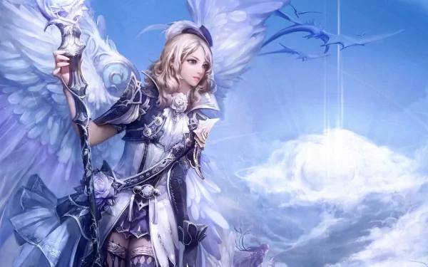 HD PC desktop wallpaper/background: AION video game angelic female warrior in ornate armor holding a staff, large white wings against a luminous cloudy sky