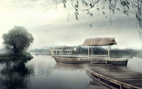Photography Artistic Rain House Boat Lake HD Wallpaper | Background Image