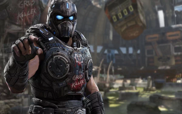 A detailed HD wallpaper featuring a character from Gears of War 3, showcasing his armored suit and glowing blue eyes against a gritty, post-apocalyptic background.