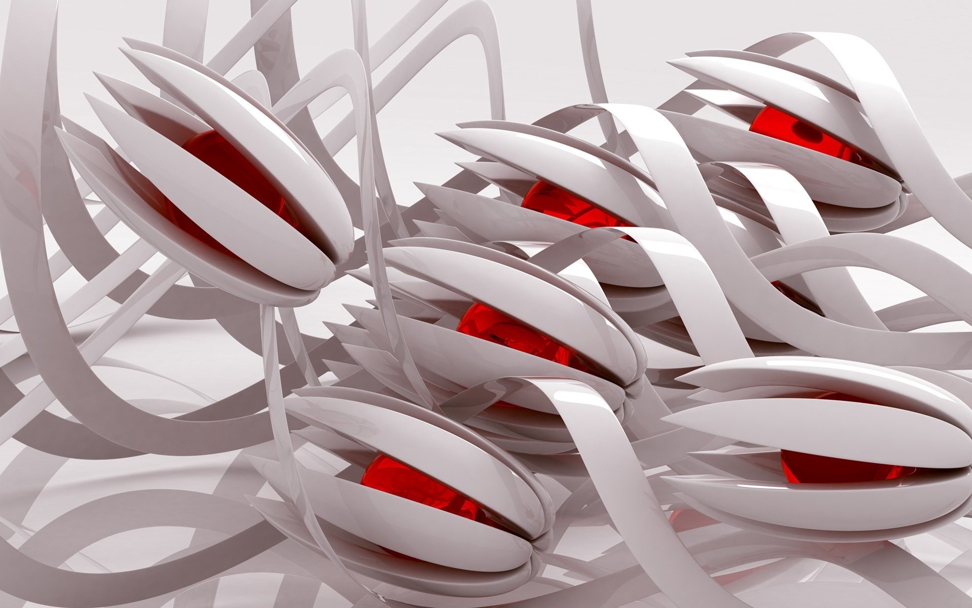 HD 3D CGI abstract desktop wallpaper featuring intertwined white ribbons with red glowing core elements against a white background.