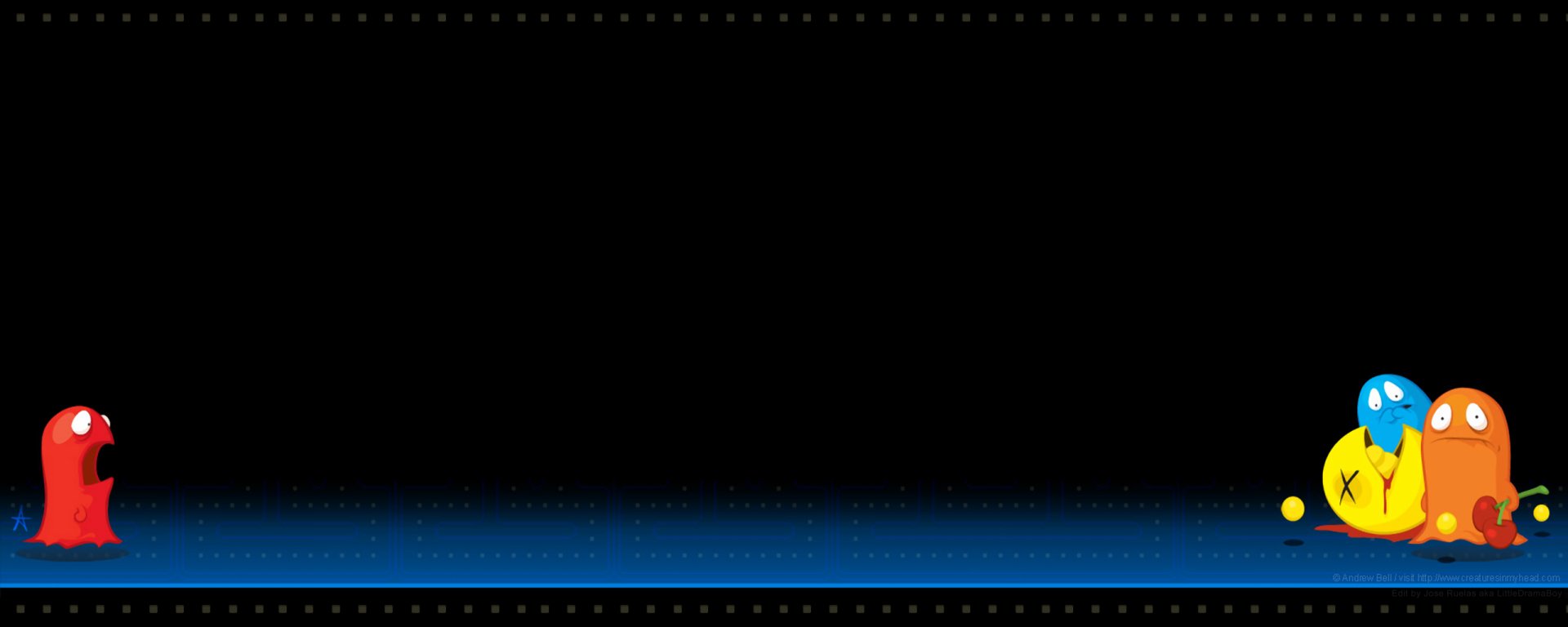 HD PC desktop wallpaper featuring a classic Pac-Man video game maze with dots and a glowing blue gradient background.