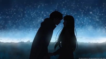 HD desktop wallpaper featuring Shota Kazehaya and Sawako Kuronuma from the anime Kimi Ni Todoke, depicted as silhouettes against a starry night sky, evoking a serene and romantic atmosphere.
