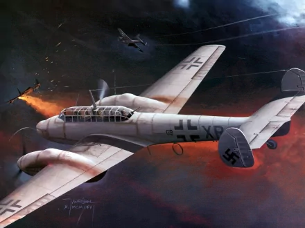 HD desktop wallpaper featuring a detailed illustration of a Messerschmitt Bf 110 military aircraft flying against a dramatic sky with explosions and another plane in the background.