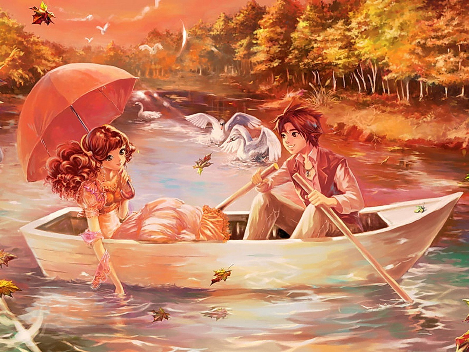 Anime-style original HD desktop wallpaper depicting a young couple in a boat on a serene autumn river, with vibrant fall foliage and a graceful swan nearby.