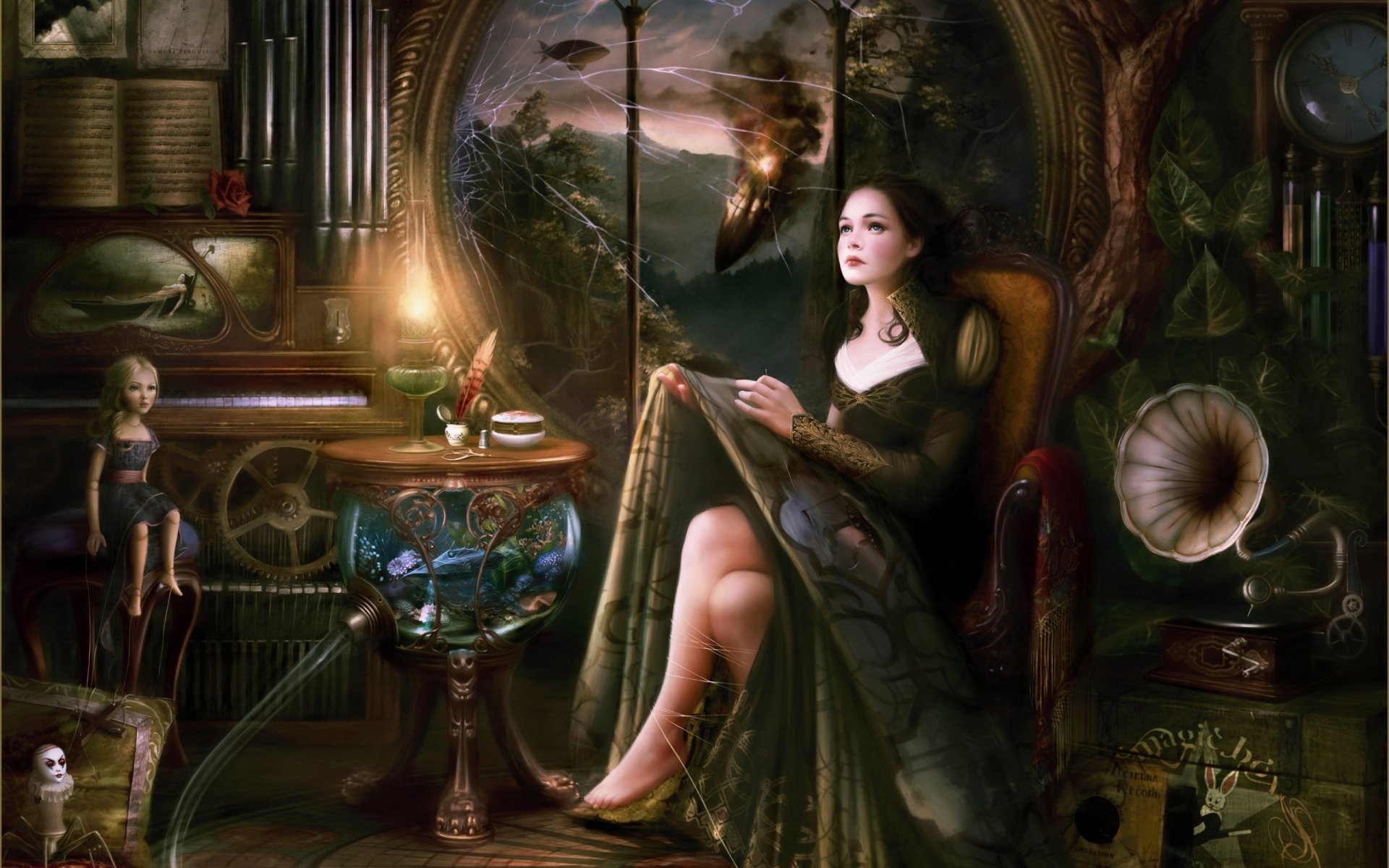 A fantasy-themed HD desktop wallpaper featuring a woman seated elegantly in a richly detailed setting, surrounded by vintage decor and dreamlike landscapes.