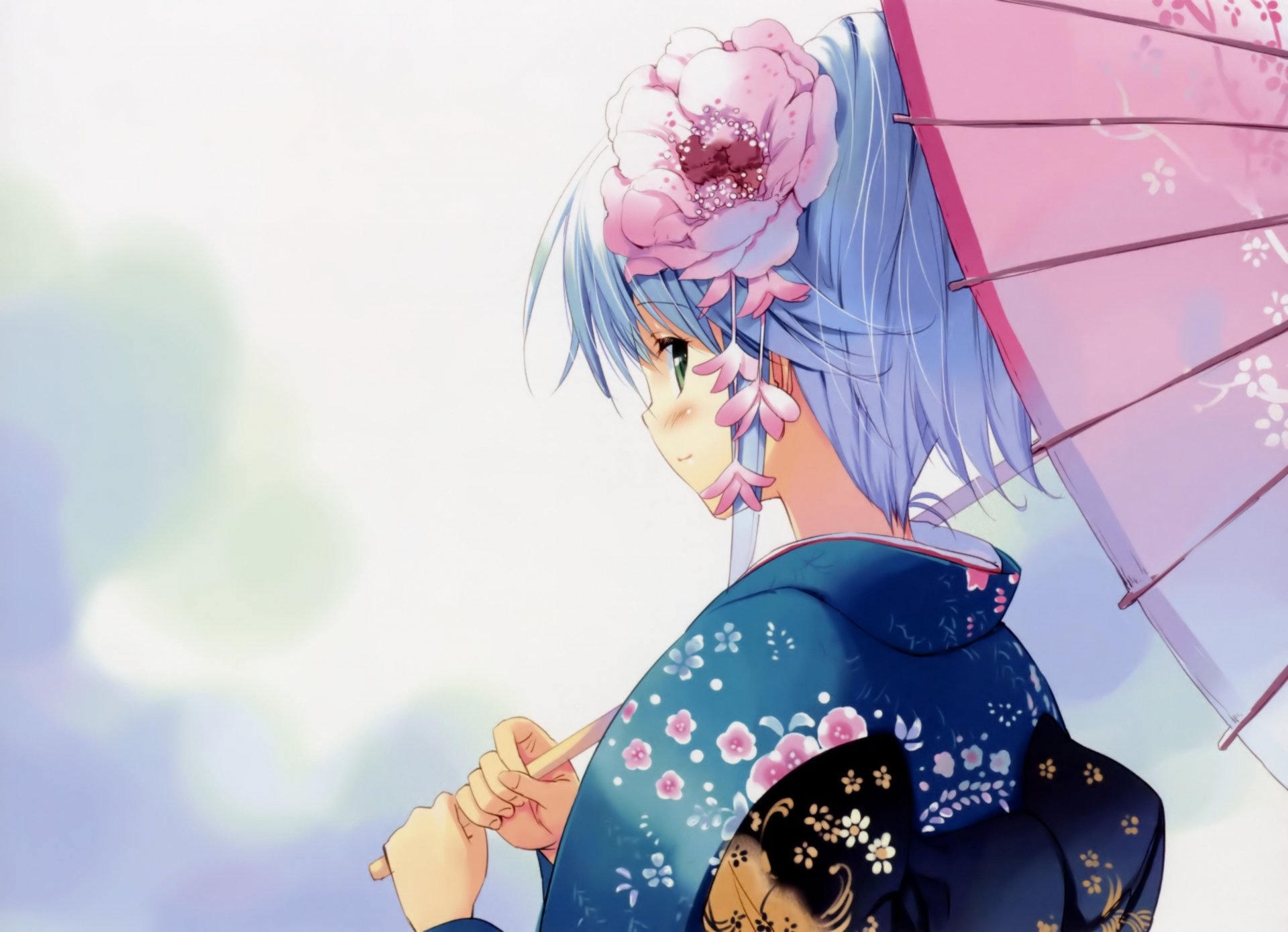 Anime-style original artwork of a character in a floral kimono holding a pink umbrella, rendered in 4K Ultra HD for PC desktop wallpaper and background.