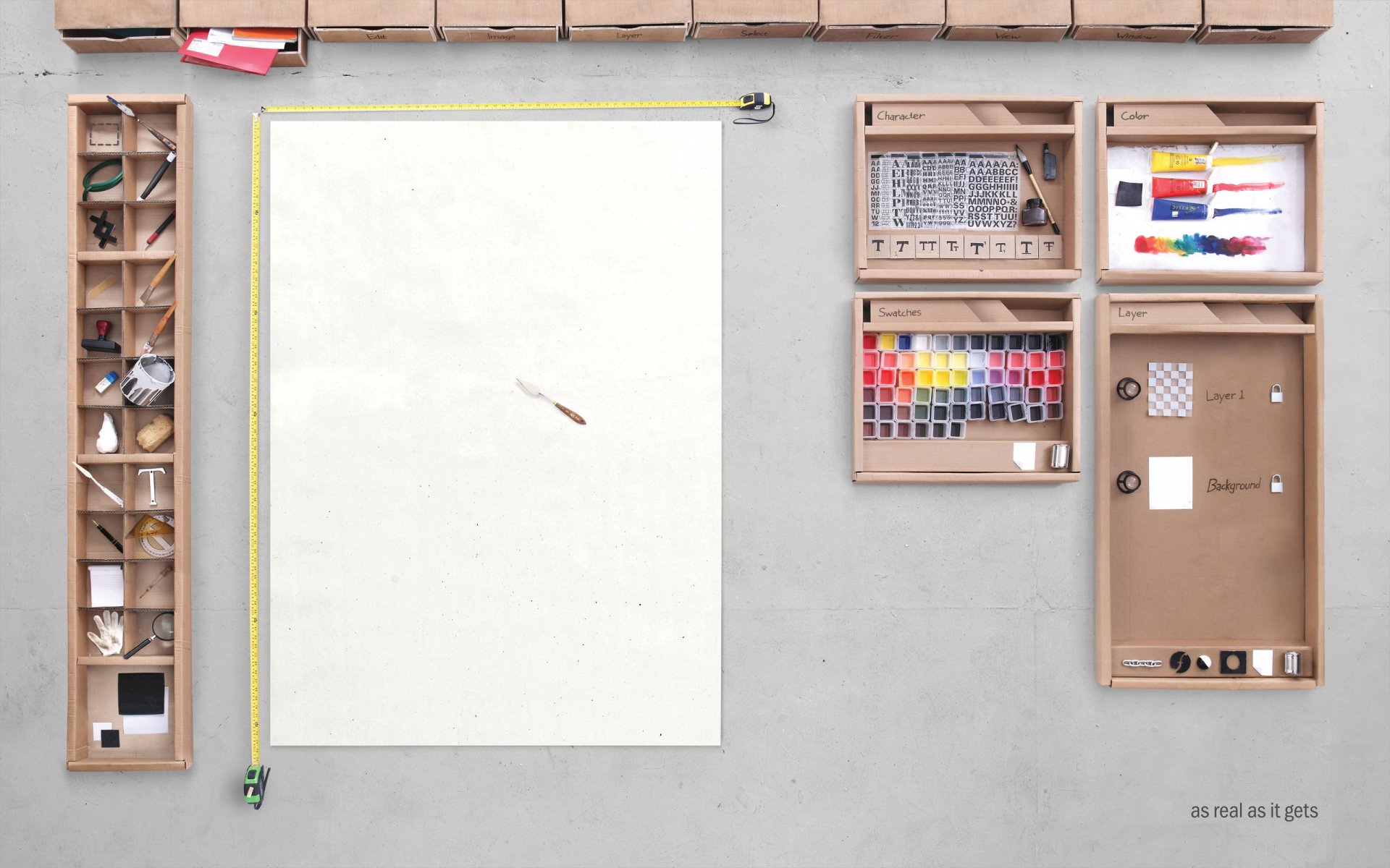 An artistic HD desktop wallpaper showcasing an organized workspace with a blank canvas, various art supplies, and a ruler positioned thoughtfully on a clean surface.