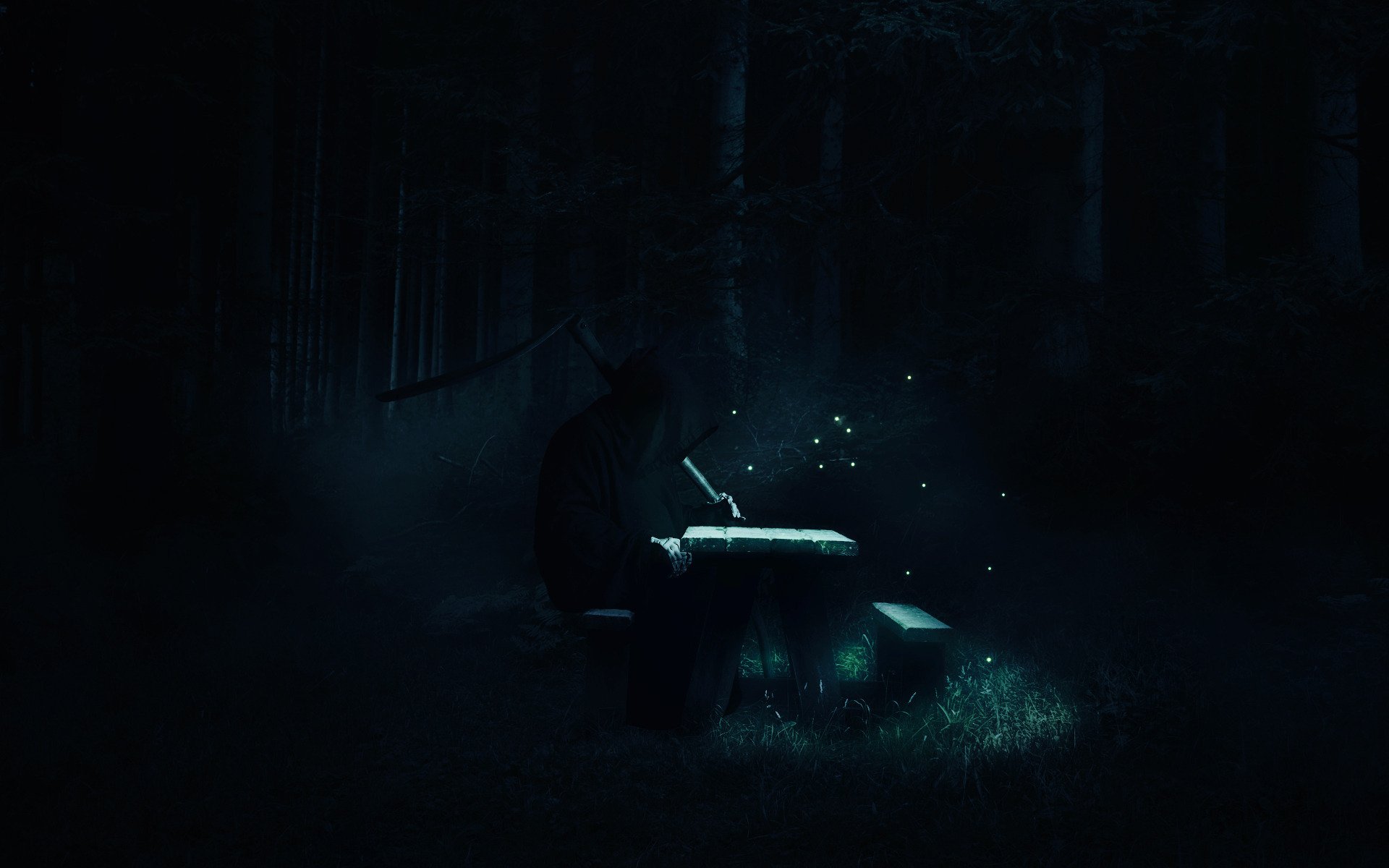 A dark, atmospheric HD wallpaper featuring the grim reaper sitting at a piano, surrounded by a mysterious, glowing ambiance in a shadowy forest.