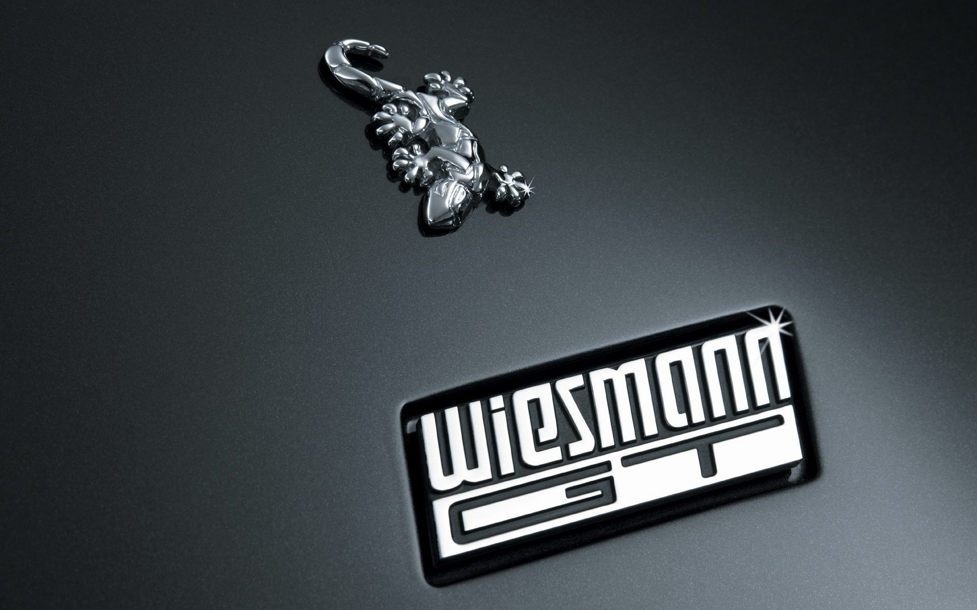 Close-up of Wiesmann emblem and gecko hood ornament on a glossy dark vehicle hood — HD PC desktop wallpaper/background.