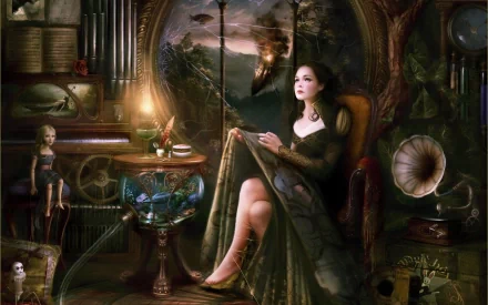 A fantasy-themed HD desktop wallpaper featuring a woman seated elegantly in a richly detailed setting, surrounded by vintage decor and dreamlike landscapes.