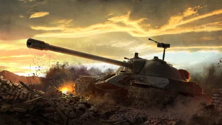 HD military desktop wallpaper featuring an IS tank from the IS tank family advancing through a battlefield under a dramatic, cloudy sunset sky.