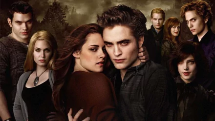 HD desktop wallpaper featuring Bella Swan (Kristen Stewart) and Edward Cullen (Robert Pattinson) in the movie Twilight, with other characters in the background.