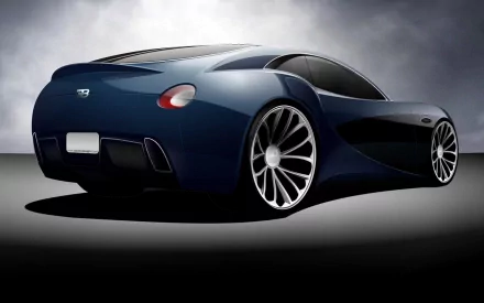 HD PC desktop wallpaper showing a deep-blue Bugatti Type 12 vehicle, rear three-quarter view with dramatic lighting and oversized alloy wheels.