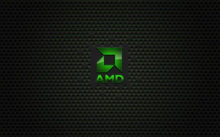 HD PC desktop wallpaper: green AMD logo centered on dark perforated metal, ice-tinged emo mood suggesting love and hug in a man-made aesthetic.