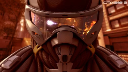 Close-up of a futuristic soldier wearing advanced armor and a helmet with a visor reflecting a fiery urban battlefield, from the video game Crysis 2, HD PC desktop wallpaper.