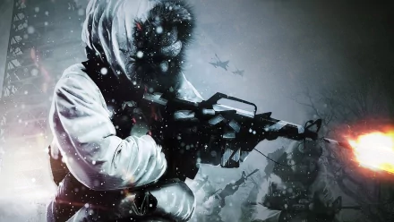 A dramatic HD wallpaper from Call of Duty: Black Ops, featuring a soldier in a snowy landscape, armed and ready amidst a backdrop of conflict and intense action.