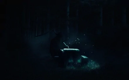 A dark, atmospheric HD wallpaper featuring the grim reaper sitting at a piano, surrounded by a mysterious, glowing ambiance in a shadowy forest.