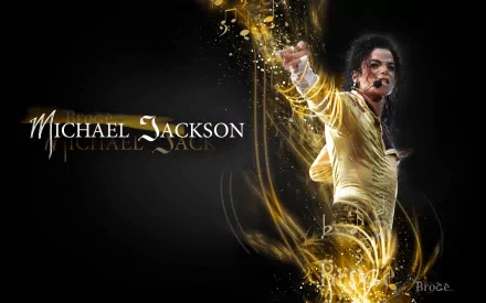 HD desktop wallpaper featuring Michael Jackson in a dynamic pose with golden accents, set against a dark background. The text Michael Jackson is prominently displayed beside him.