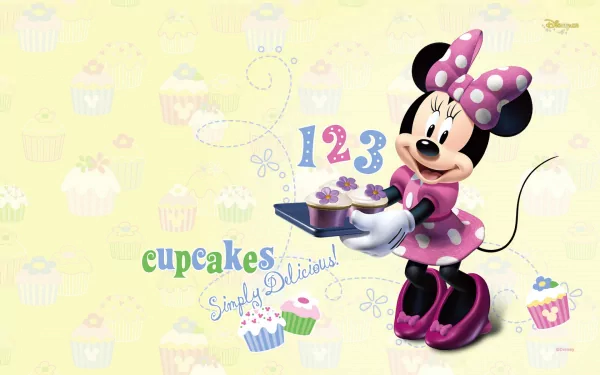 HD desktop wallpaper featuring Minnie Mouse from Disney, holding a tray of cupcakes with 123 and cupcakes Simply Delicious! text on a light pastel background with cupcake patterns.