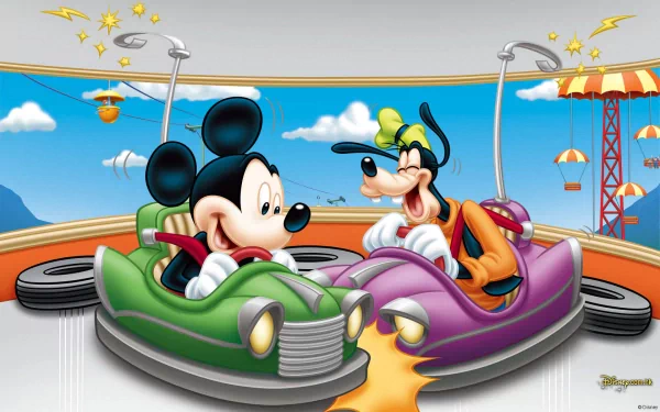 Colorful HD desktop wallpaper featuring Mickey Mouse and Goofy enjoying a fun ride in bumper cars, set against a vibrant amusement park background. Disney charm showcased in every detail.