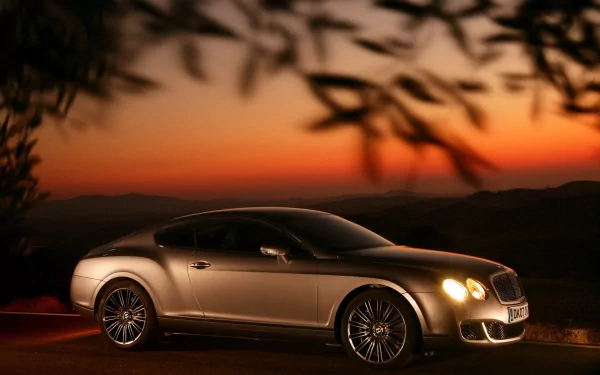 HD PC desktop wallpaper featuring a sleek Bentley vehicle parked against a vibrant sunset backdrop with silhouetted foliage framing the scene.