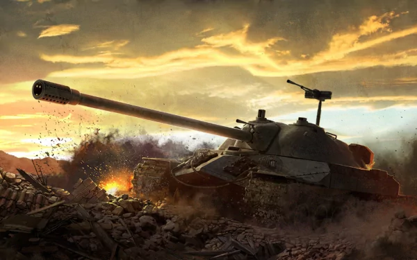 HD military desktop wallpaper featuring an IS tank from the IS tank family advancing through a battlefield under a dramatic, cloudy sunset sky.