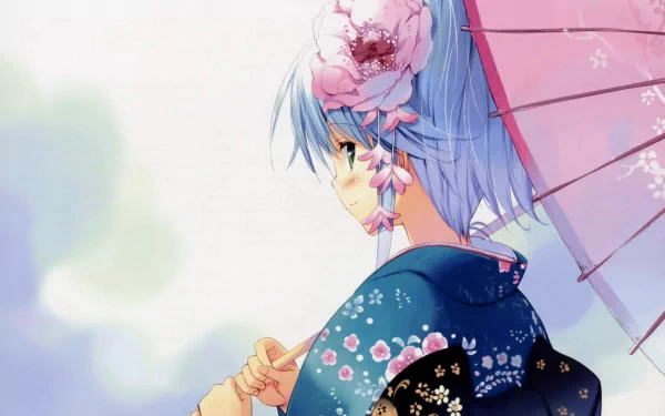 Anime-style original artwork of a character in a floral kimono holding a pink umbrella, rendered in 4K Ultra HD for PC desktop wallpaper and background.