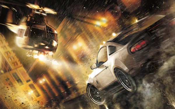 HD PC desktop wallpaper featuring intense nighttime chase scene from the video game Need For Speed: The Run, with a sports car evading a police helicopter in rain.