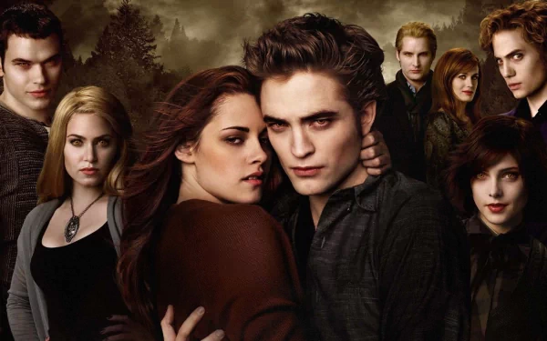 HD desktop wallpaper featuring Bella Swan (Kristen Stewart) and Edward Cullen (Robert Pattinson) in the movie Twilight, with other characters in the background.