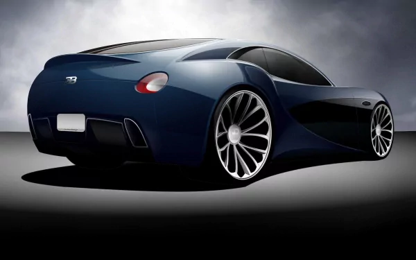 HD PC desktop wallpaper showing a deep-blue Bugatti Type 12 vehicle, rear three-quarter view with dramatic lighting and oversized alloy wheels.
