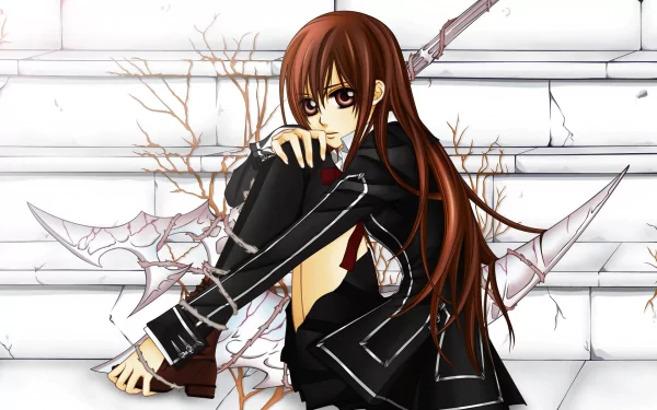 A visually striking HD desktop wallpaper featuring a character from the anime Vampire Knight, seated on steps with a sword, surrounded by a dark, atmospheric background of twisted branches.