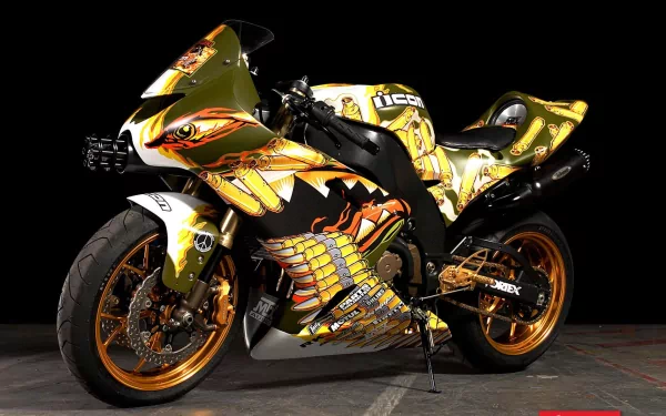 A vibrant motorcycle featuring intricate artwork and striking gold accents, set against a dark background, designed as an HD desktop wallpaper and background.
