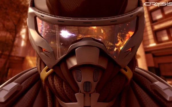 Close-up of a futuristic soldier wearing advanced armor and a helmet with a visor reflecting a fiery urban battlefield, from the video game Crysis 2, HD PC desktop wallpaper.