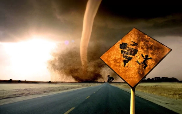A dramatic HD desktop wallpaper featuring a tornado in the distance, a dark stormy sky, and a weather warning sign along an empty road, showcasing stunning photographic manipulation.